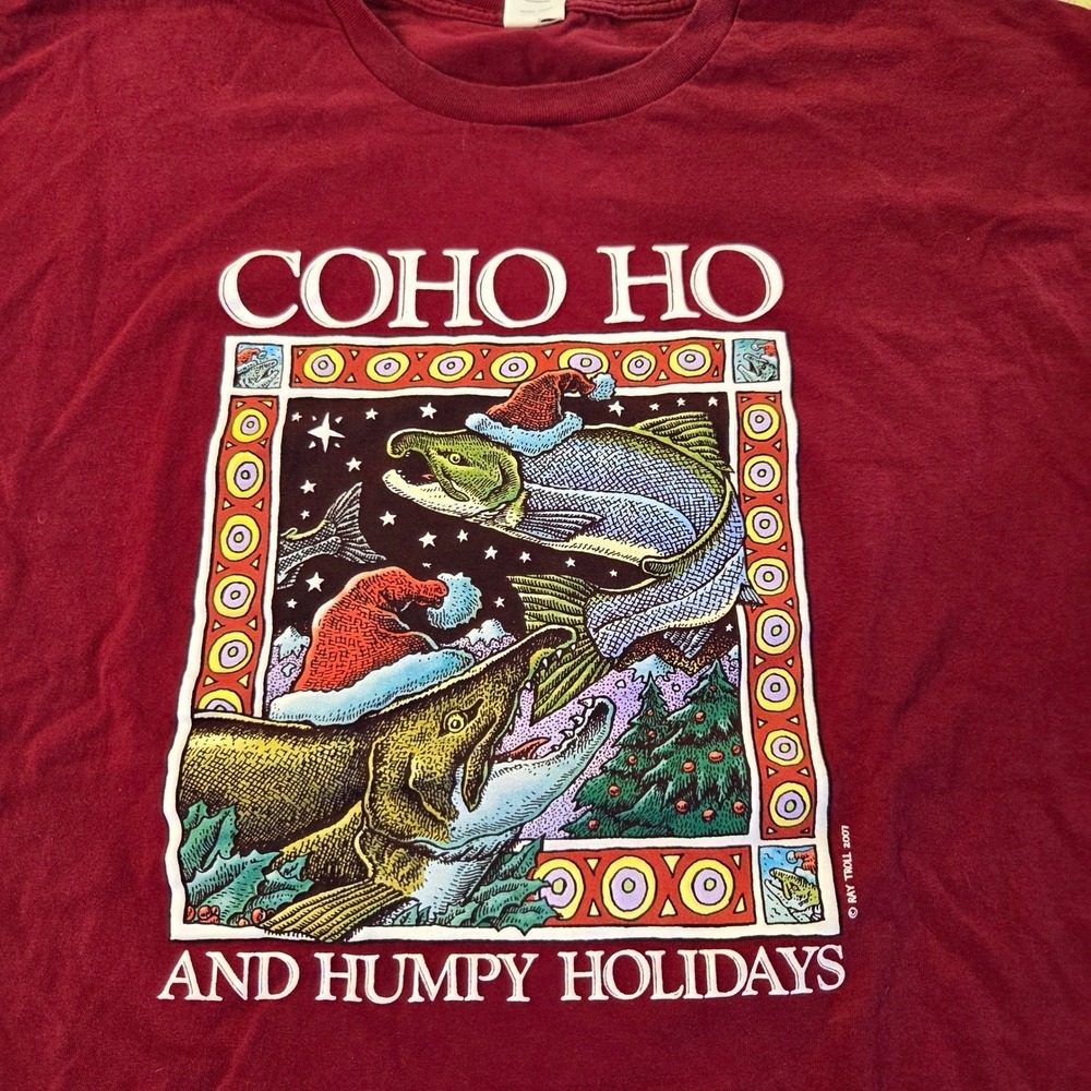 2007 Ray‎ Troll Coho Ho Humpy Holidays T-Shirt Mens 2XL Maroon Fishing Art